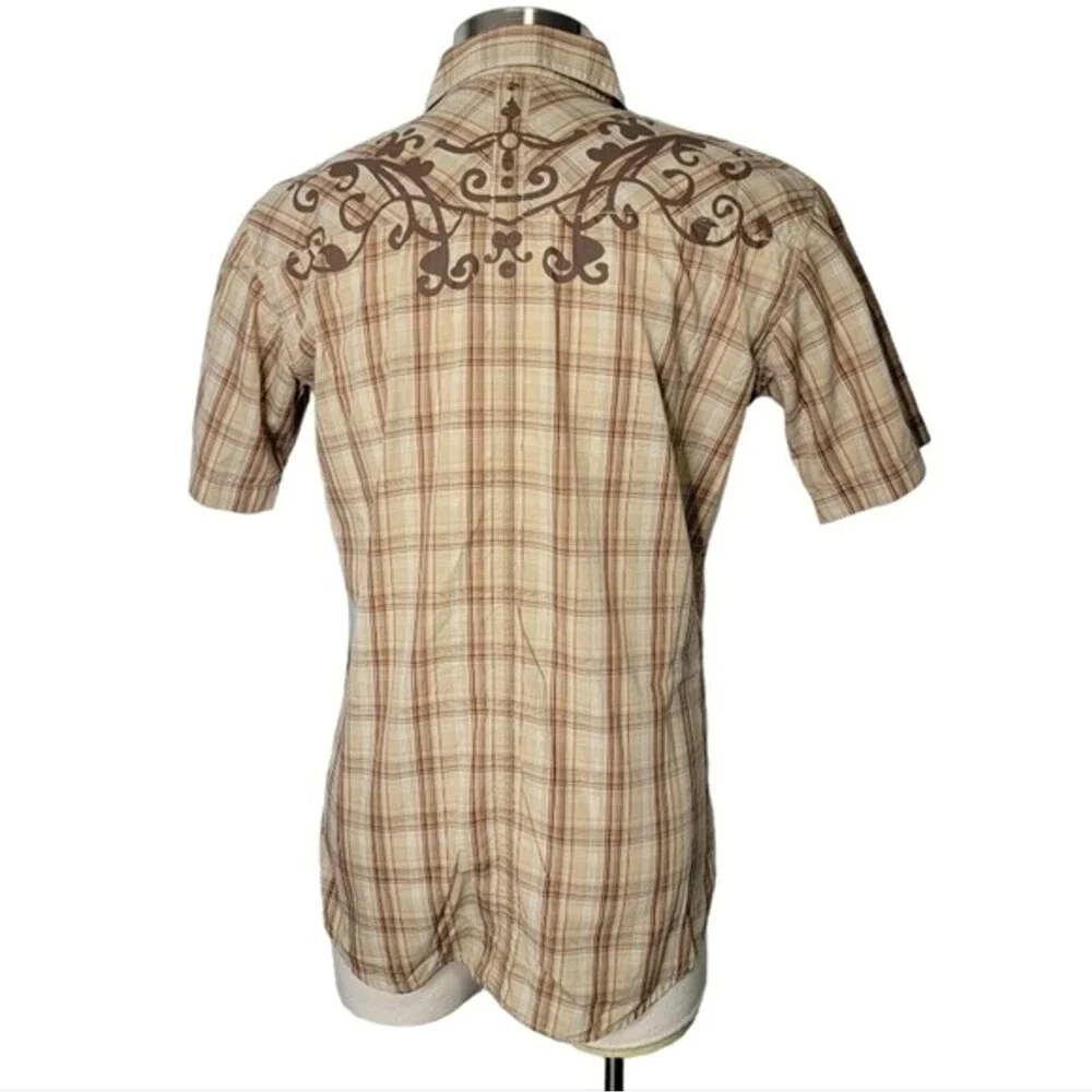 Demand Western brown plaid short sleeves shirt Size M button up casual * - Picture 3 of 8